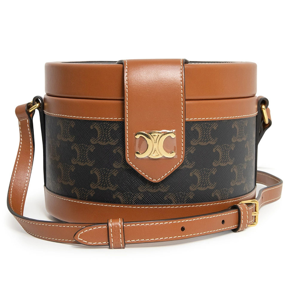 Celine Tambour Triomphe Canvas Calfskin Brown Crossbody Bag Leather